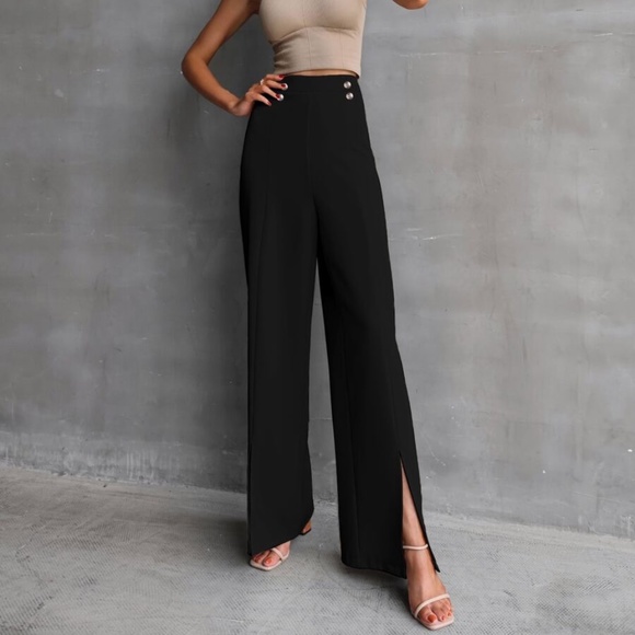 Classic Black Wide Leg Slit Hem Pants Minimalist - Picture 3 of 8